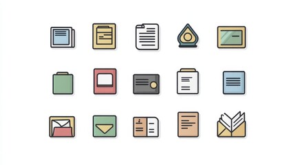 Collection of Colorful Office Stationery and Document Icons for Business and Creative Projects