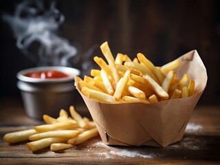 french fries in the paper cup with ketchup
