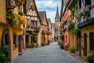 Fototapeta premium A historic European town square lined with colorful buildings, cobblestone streets, and ornate balconies filled with flowers.
