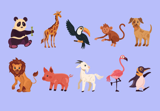 Purple And Yellow Cartoon Jungle Animals Illustration Design Set