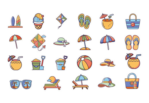 Fun Summer Holiday Beach Accessories Icons Set