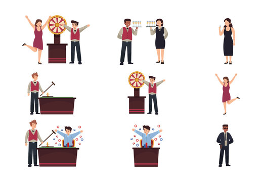 Red And Brown Flat Casino Characters Illustration Set