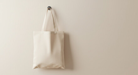 Tote Bag Hanging on Beige Wall in Minimalist Studio Setting
