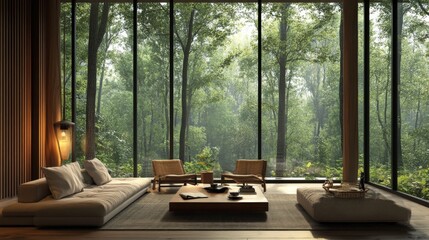 Fototapeta premium Modern interior living room with a large window overlooking the forest