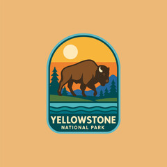 Bison in National Park Landscape Illustration Featuring Natural Elements