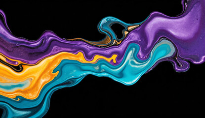 Artistic watercolor paint splashes in vivid purple, turquoise, and golden yellow on matte black, soft edges, fluid motion, organic blending
