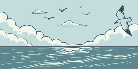 Calm weather on sea or ocean with clouds vector illustration