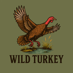 Turkey Taking Flight Near Water and Grass Illustration on Green Background