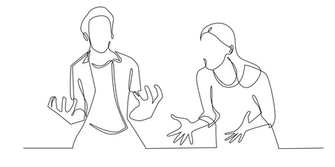 one continuous line of man and woman with angry expression.unhappy couple,unharmonious couple.one line drawing vector illustration