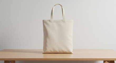 Neutral Tote Bag on a Wooden Table Displaying Simple Design