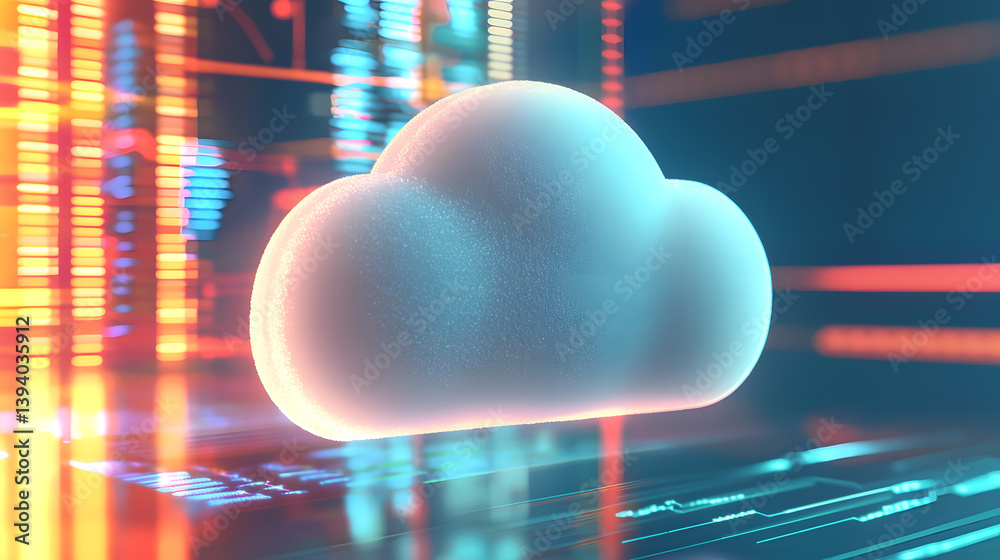 Poster floating cloud icon representation in a digital environment abstract concept high-tech setting creat