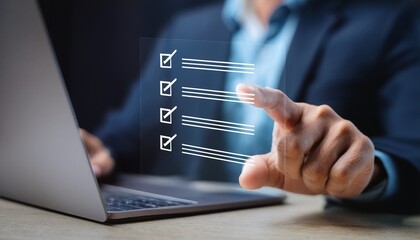 A business professional interacts with a digital checklist on a laptop, emphasizing productivity and organization in a modern workspace.