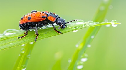 Fototapeta premium A vibrant red and black beetle rests on a dewy blade of grass.