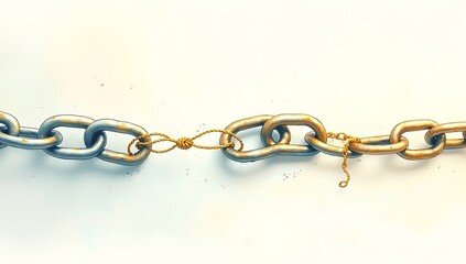 Obraz premium Illustration of a broken chain being mended by golden thread, symbolizing recovery, healing, and mental health awareness. Gentle colors and copy space make it ideal for wellness campaigns. 