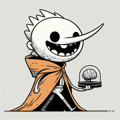 Playful Cartoon Character with Long Nose Holding a Brain in a Glass Dome – Surreal and Quirky Digital Artwork