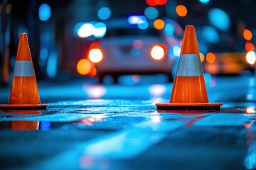 Bright orange traffic cones standing on wet pavement at night