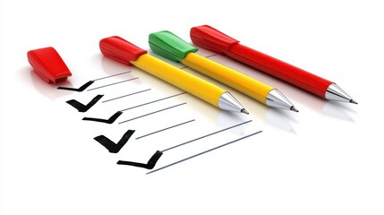 Colorful Pens and Checkmarks on a Clean Surface for Creative Note-Taking and Planning