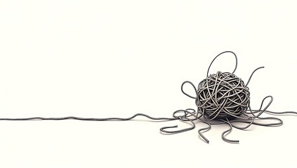 Illustration of a tangled ball of threads slowly unraveling into a clear straight line, symbolizing problem solving, clarity, and finding solutions. Excellent for coaching, consulting, or therapy them