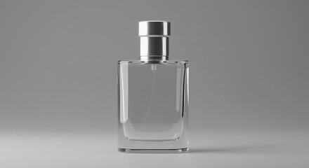 Perfume Bottle on Gray Background with Silver Cap and Minimalist Design