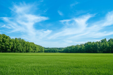 Obraz premium A vast open field covered in lush green grass, scattered with tall, vibrant trees under a bright blue sky with soft, wispy clouds.