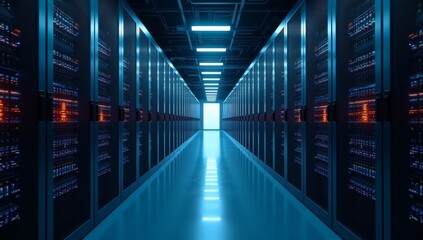 Shot of Corridor in Working Data Center Full of Rack Servers and Supercomputers with Internet connection Visualisation Projection