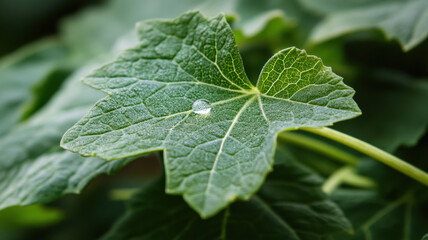 Close-up of a single dewdrop resting on a bright green leaf, symbolizing freshness and the purity of natural organic products 