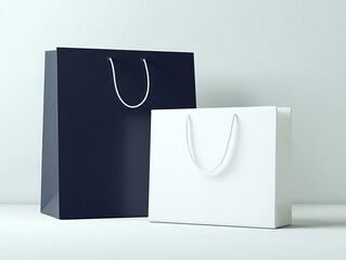 A white and navy blue paper bag , placed next to it is another white shopping bag with a simple design. 