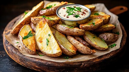 Crispy baked potato wedges with dipping sauce