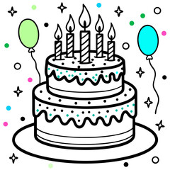 A delightful two-tiered birthday cake adorned with lit candles and celebratory balloons, a joyful symbol of festive cheer and sweet celebrations with bright, playful colors and a simple outline style.