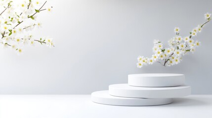 White Platform with Cherry Blossoms Minimalist Style High-resolution Soft Lighting, Frontal Three-tiered View, Elegant Spring Decor, Pure White Background, Serene Mood, Ideal for Product Displays