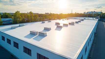 Aerial view of a large white commercial building with a flat roof and vents under a bright sunny sky