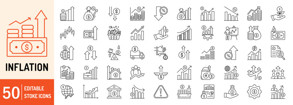 Inflation collections editable stroke outline web icons set. Inflation rate, price increase, investment, energy, cost surge, economic impact, hyperinflation, economy and more... Vector illustration