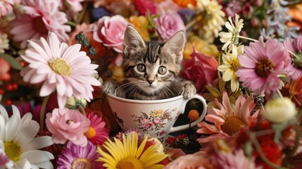 A cute kitten nestled in a floral arrangement, creating a whimsical and joyful scene.
