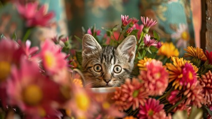 A playful kitten peeks through vibrant flowers, creating a charming and colorful scene.
