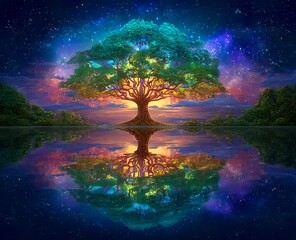 A Tree of Life stands tall, surrounded by lush greenery, reflected in crystal clear water under a starry sky