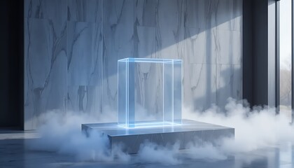Illuminated Cube on Pedestal with Mist in Minimalist Indoor Setting