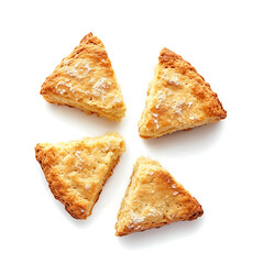 Buttery and golden scones with a slightly crisp crust soft crumbly interior, isolated white background, modern art style