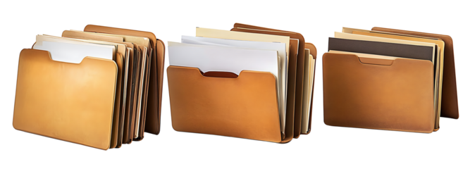 Set of organized brown file folders with isolated documents on transparent background. High quality PNG file