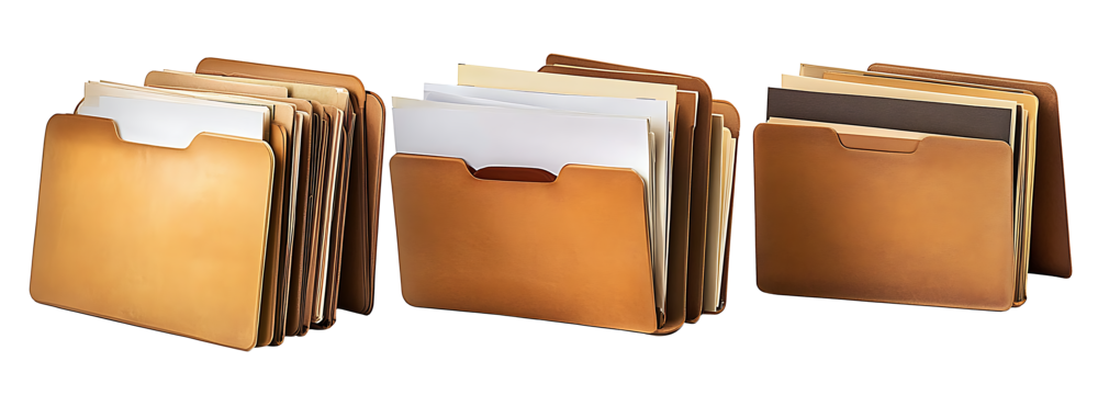 Set of organized brown file folders with isolated documents on transparent background. High quality PNG file