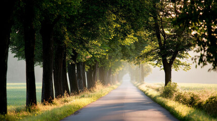 Obraz premium serene tree lined road surrounded by lush greenery and soft morning light creates peaceful