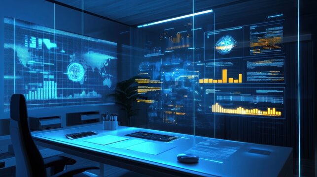 Futuristic office with transparent screen showing global data analytics - Powered by Adobe
