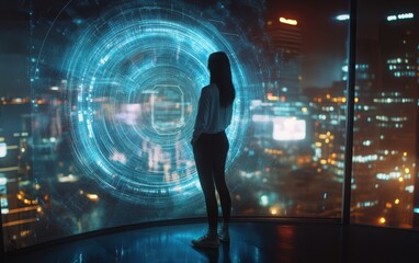 Young Woman Standing in Dark Office Looking at Blue Futuristic Data Hologram Display