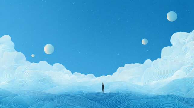 person stands surreal landscape of clouds and planets, evoking sense of wonder and exploration