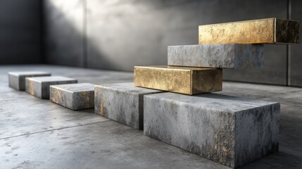 Single gold bar resting on a concrete floor highlighting the contrast between luxury and industrial surroundings in 3d art