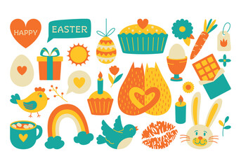 Colorful cute set of Easter stickers and illustrations in flat style. Set of spring elements and Easter attributes, Easter, spring, rabbit, chicken, egg, gift, basket. Stickers for printing and decor.