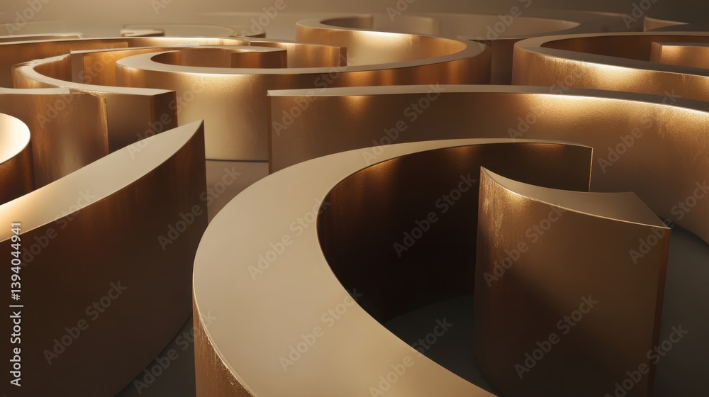 Poster group of curved metal objects in abstract gold path through a financial maze representing complexity