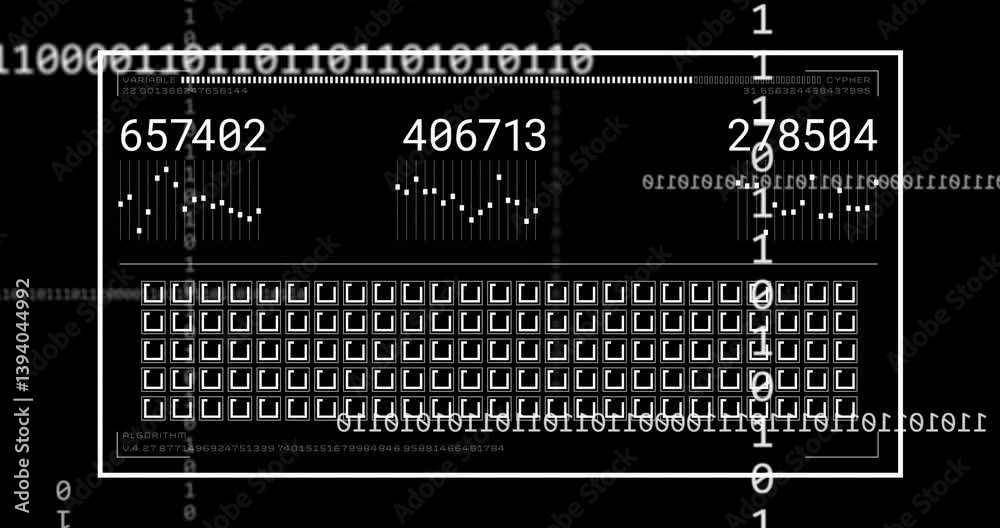 Poster binary code and numerical data processing animation over digital interface