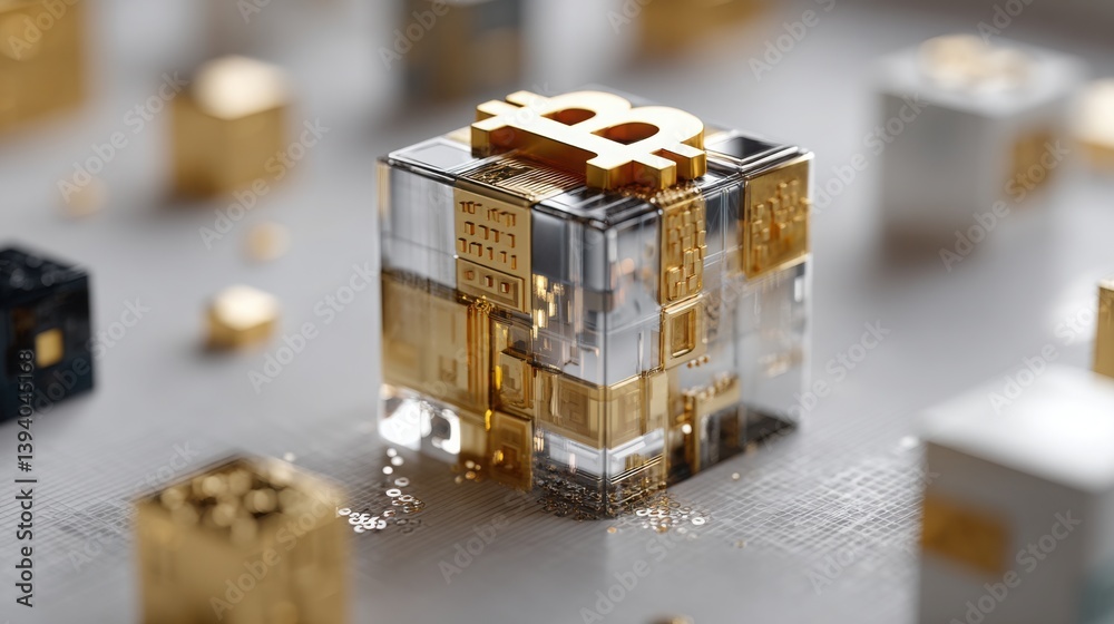 Poster stunning gold cube with another golden cube on top representing technological innovation and wealth 