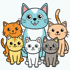 Fototapeta premium Cute Cartoon Cats Illustration. Adorable Cat Friends Together