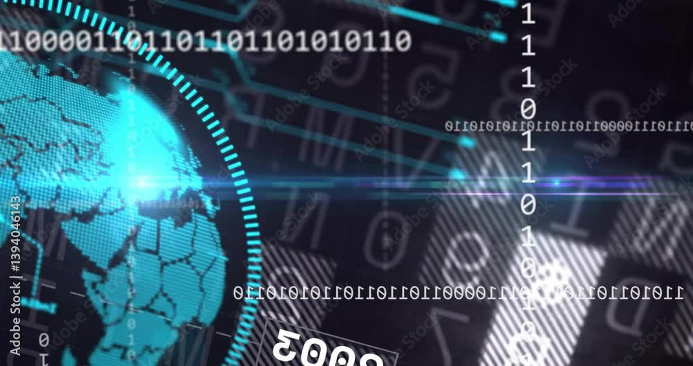 Poster digital code and numbers animating on technology-themed background in school setting
